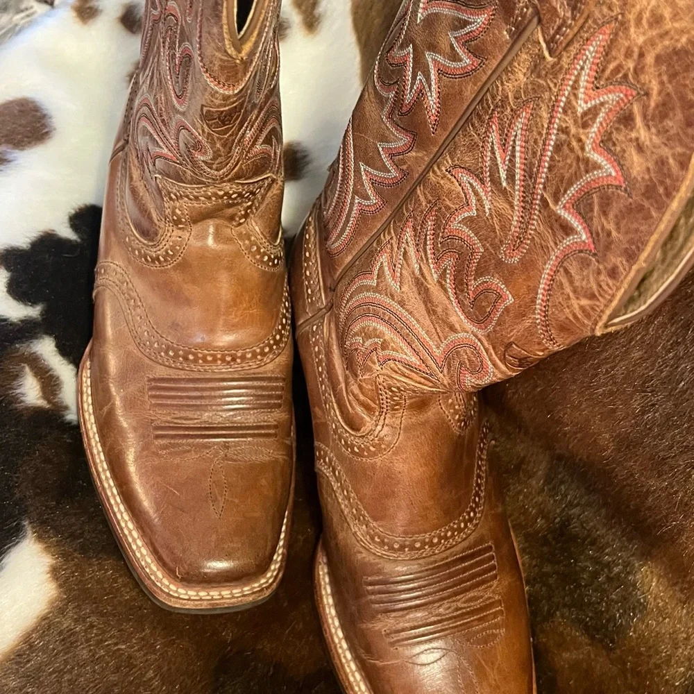 BROWN BOOTS SQUARE TOE RIDING HEEL LADY 8 MEN 7D ARIAT SPUR SHELF STITCH UNISEX - Picture 2 of 15
